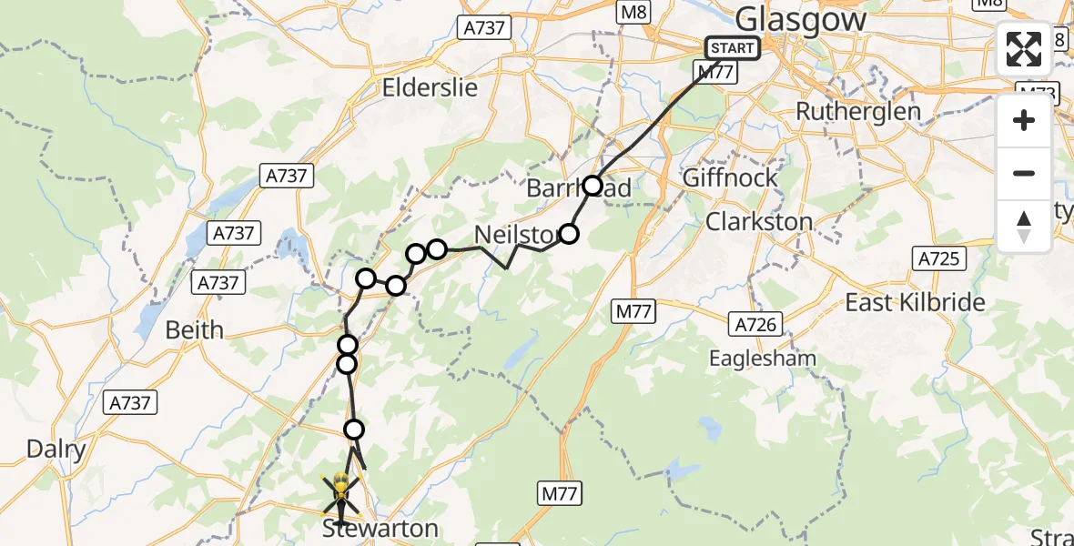 Flight route Police Helicopter Glasgow - Stewarton, 03 October 2026, 15:45