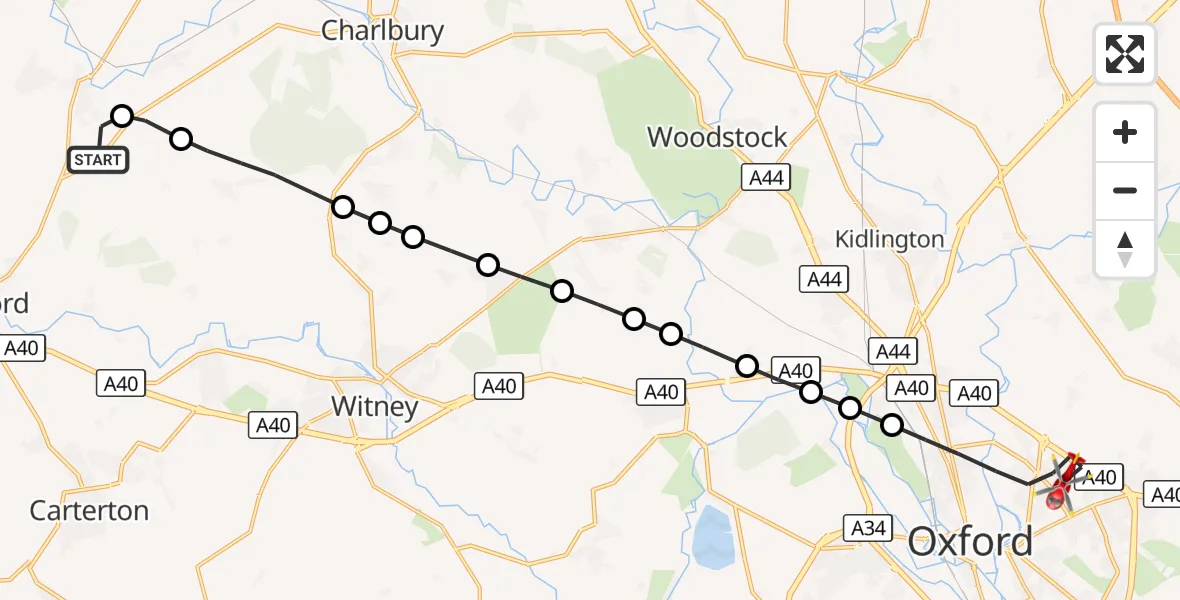 Flight route Air Ambulance Helicopter Shipton-under-Wychwood - Oxford, 03 October 2026, 15:49