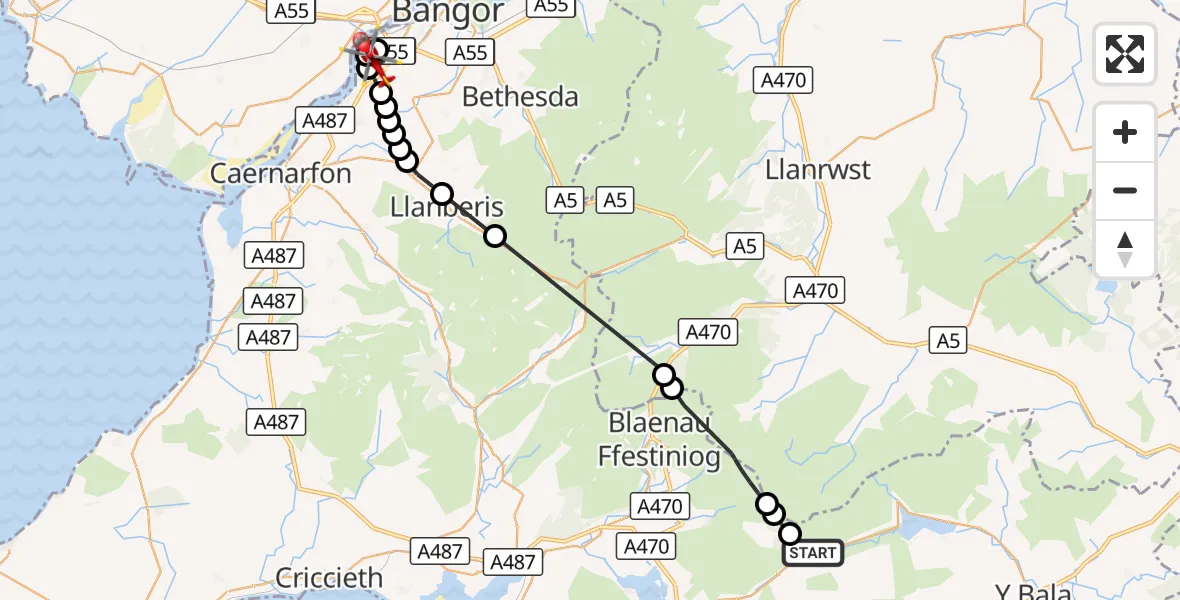 Flight route Air Ambulance Helicopter Llanycil - Aber Pwll, 03 October 2026, 15:51