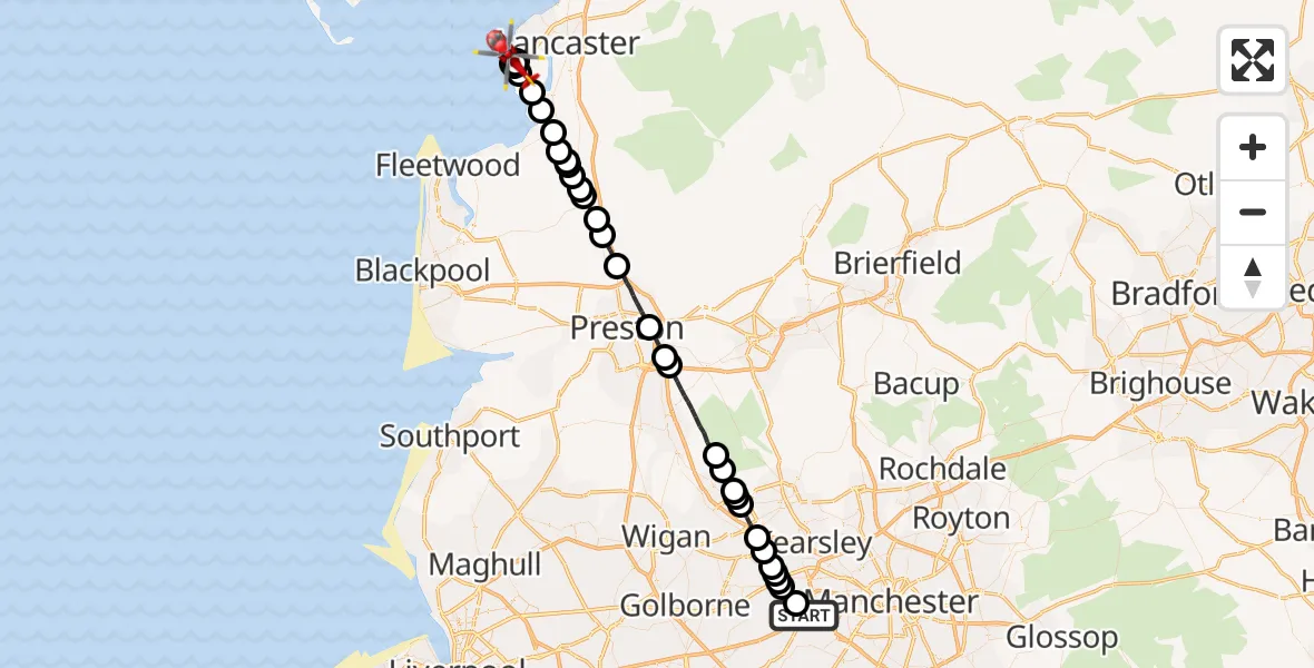 Flight route Air Ambulance Helicopter Manchester Barton Aerodrome - Lancaster, 03 October 2026, 15:52
