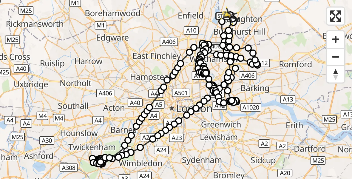 Flight route Police Helicopter Sewardstonebury - Sewardstonebury, 03 October 2026, 16:09