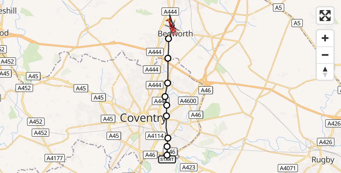 Flight route Air Ambulance Helicopter Coventry Airport - Bedworth, 03 October 2026, 16:10