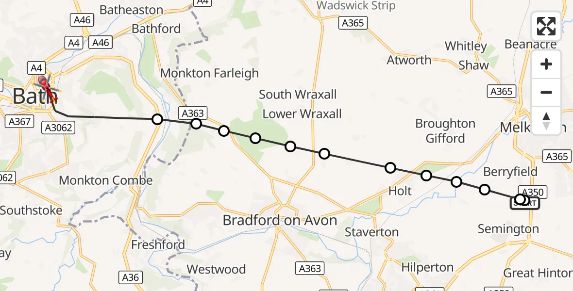 Flight route Air Ambulance Helicopter Wiltshire Air Ambulance - Bath, 03 October 2026, 16:25