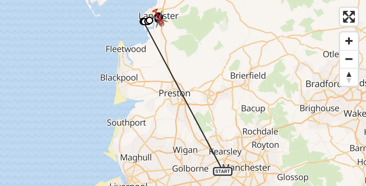 Flight route Air Ambulance Helicopter Manchester Barton Aerodrome - Lancaster General, 03 October 2026, 16:37