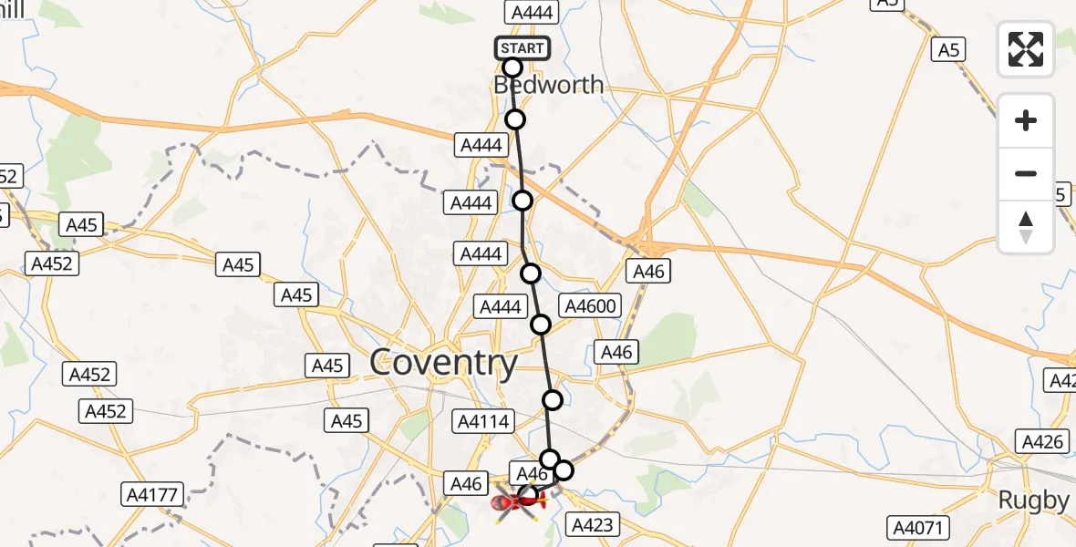 Flight route Air Ambulance Helicopter Bedworth - Coventry Airport, 03 October 2026, 16:40