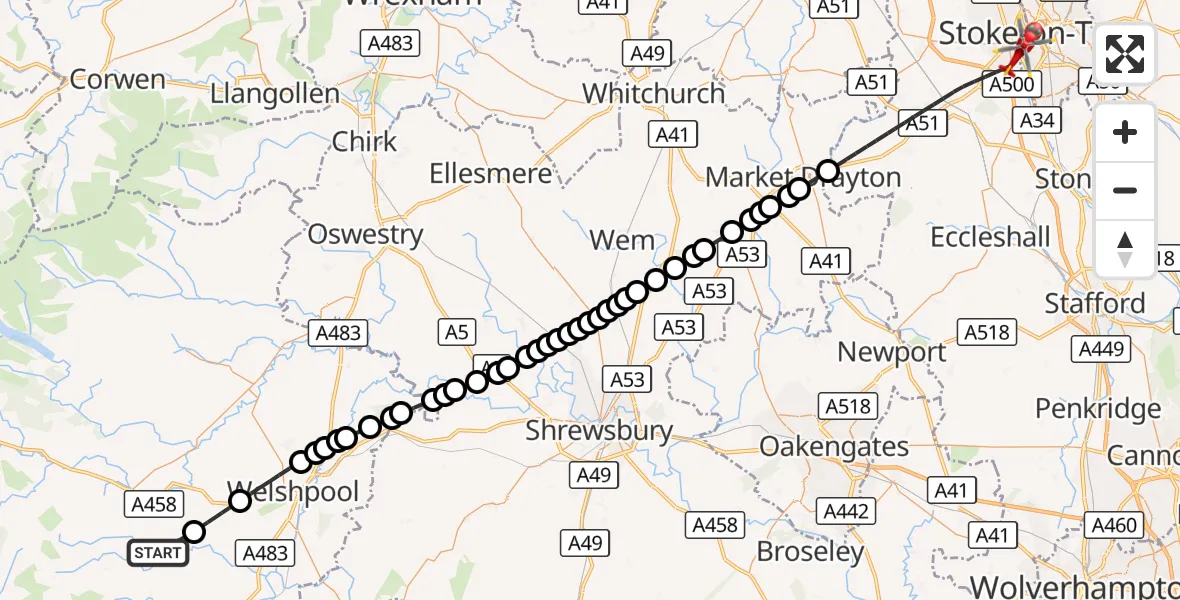 Flight route Air Ambulance Helicopter Manafon - University Hospital North Staffs, 03 October 2026, 16:47