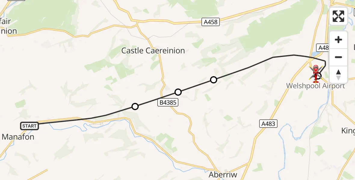 Flight route Air Ambulance Helicopter Manafon - Welshpool Airport, 03 October 2026, 16:54