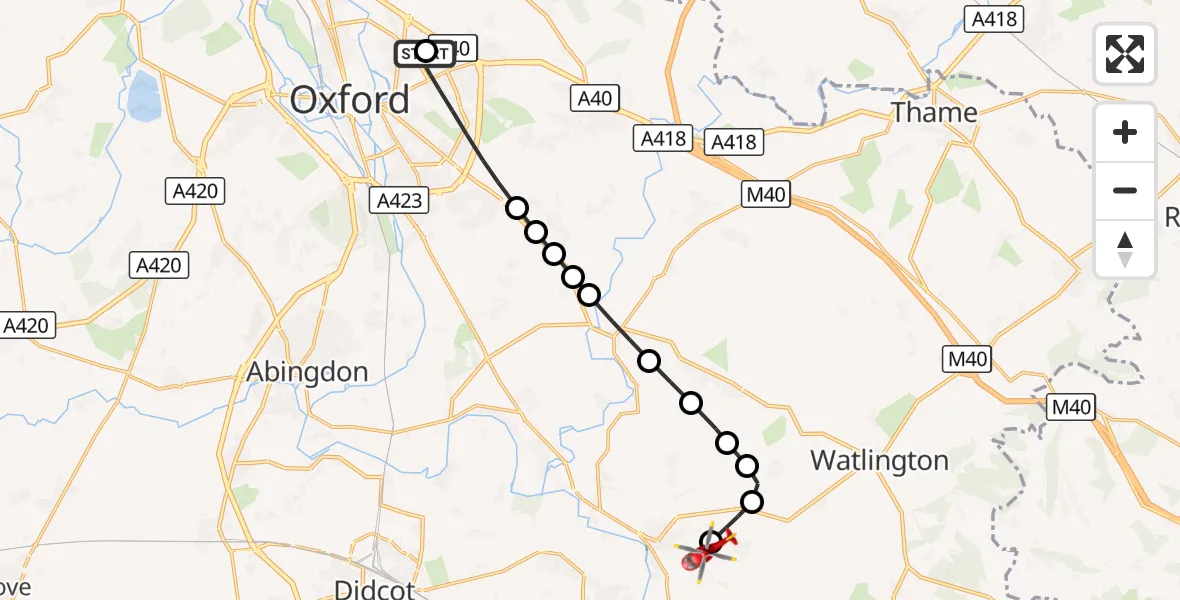 Flight route Air Ambulance Helicopter John Radcliffe Hospital - RAF Benson, 03 October 2026, 17:05