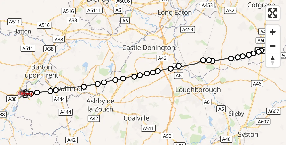 Flight route Air Ambulance Helicopter Nottingham Heliport - Walton-on-Trent, 03 October 2026, 17:10