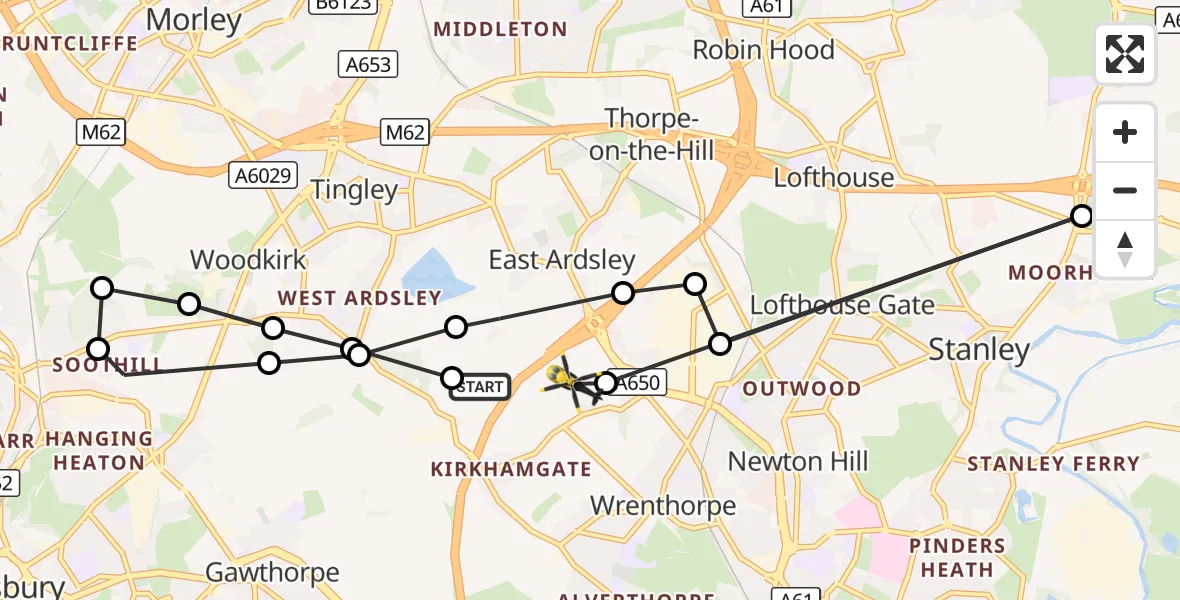 Flight route Police Helicopter East Ardsley - East Ardsley, 03 October 2026, 17:21