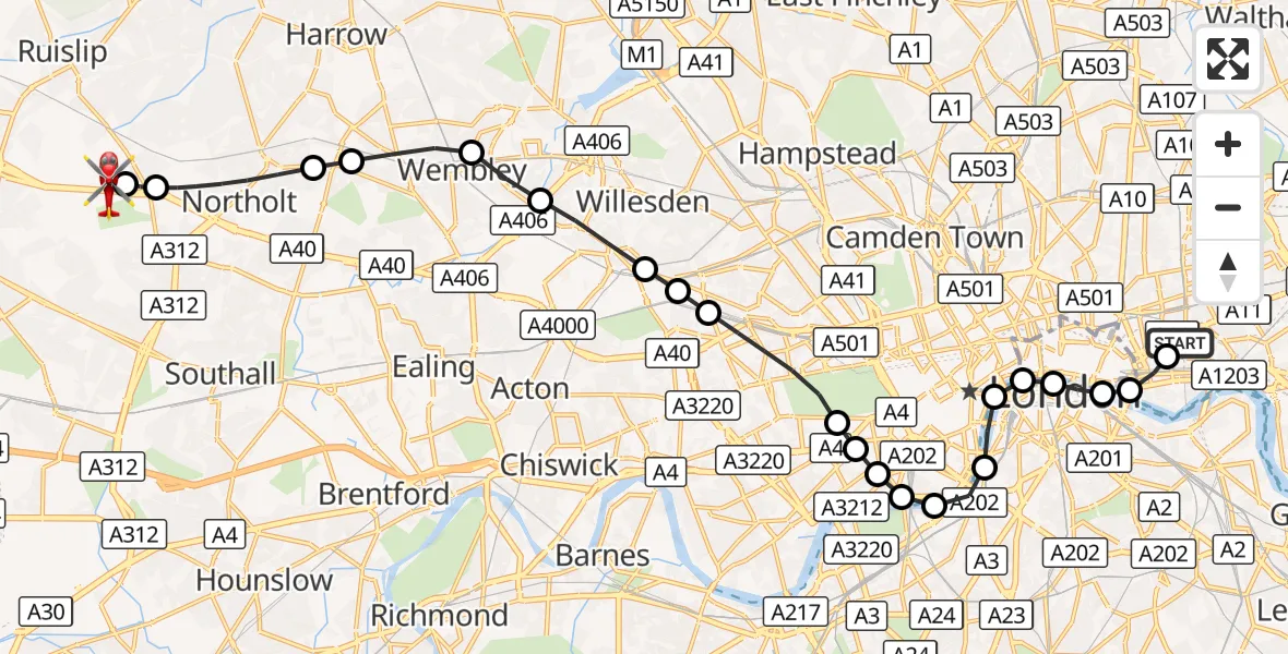 Flight route Air Ambulance Helicopter Royal London Hospital - RAF Northolt, 03 October 2026, 17:25