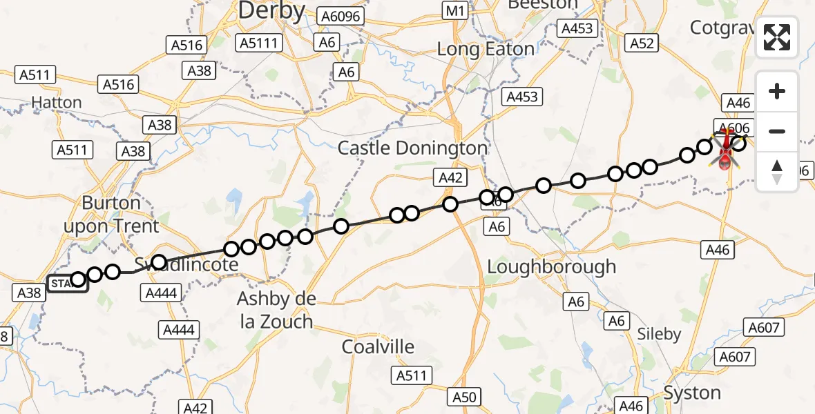 Flight route Air Ambulance Helicopter Walton-on-Trent - Hickling, 03 October 2026, 17:33
