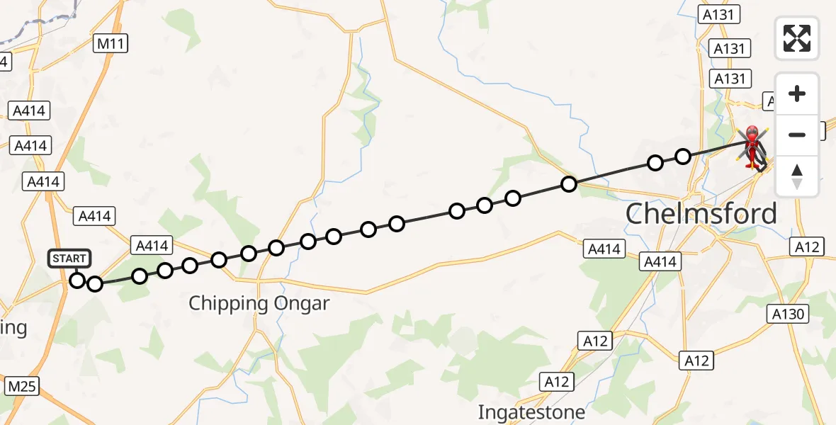 Flight route Air Ambulance Helicopter North Weald Airfield - Chelmsford, 03 October 2026, 17:40