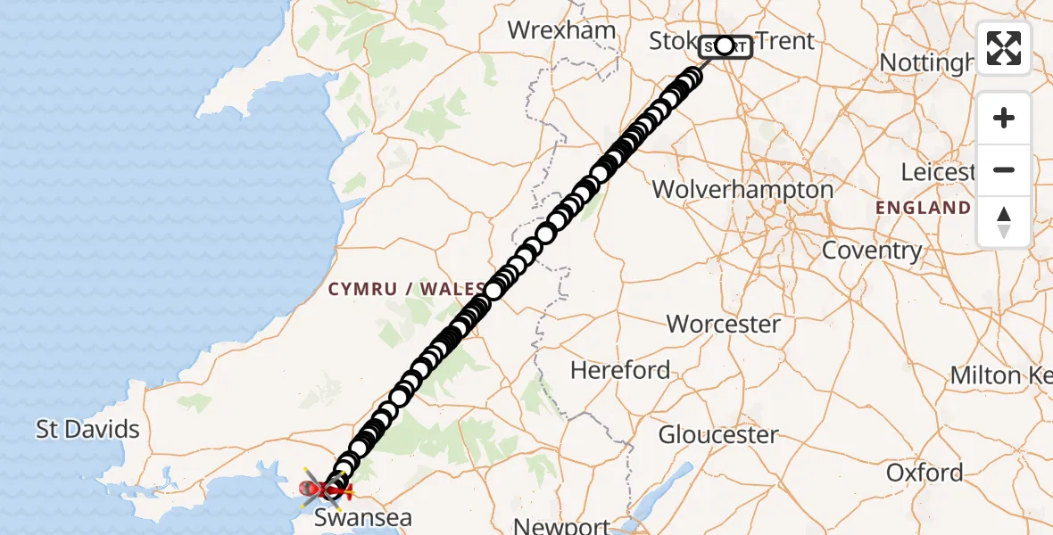 Flight route Air Ambulance Helicopter University Hospital North Staffs - Dafen, 03 October 2026, 17:53