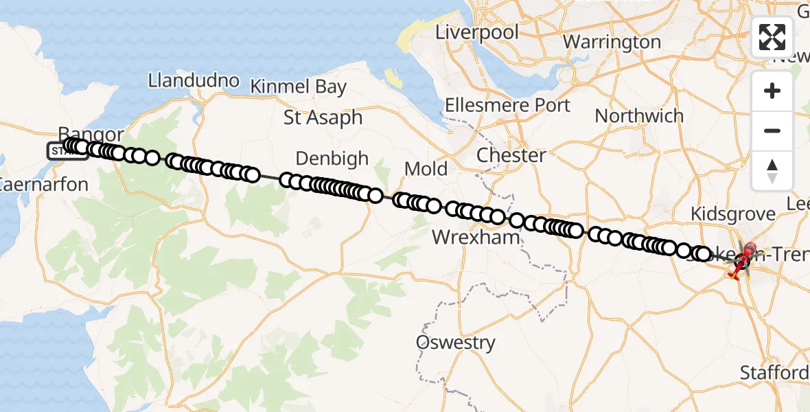 Flight route Air Ambulance Helicopter Aber Pwll - University Hospital North Staffs, 03 October 2026, 18:07