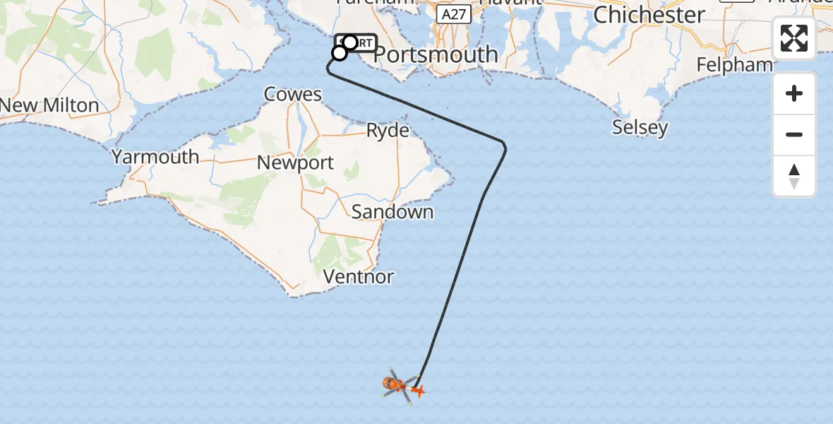 Flight route Coastguard Helicopter Solent Airport - English Channel, 03 October 2026, 18:19