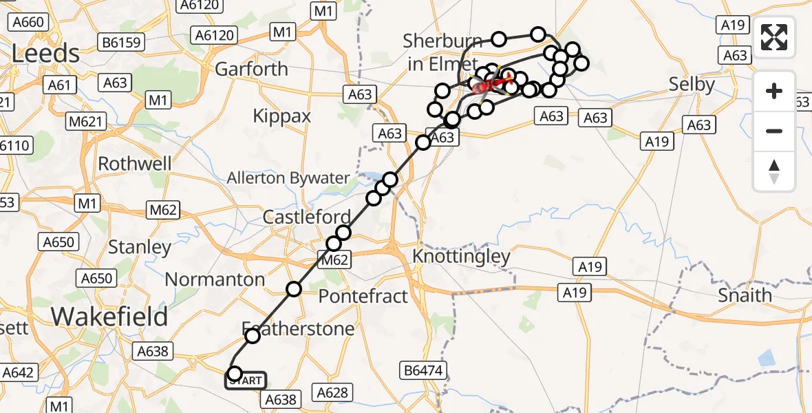 Flight route Air Ambulance Helicopter YAA Nostell Helicopter Port - Sherburn-in-Elmet Airfield, 03 October 2026, 18:38