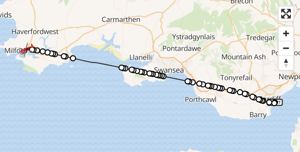 Flight route Air Ambulance Helicopter Cardiff Heliport - Milford Haven, 03 October 2026, 18:50