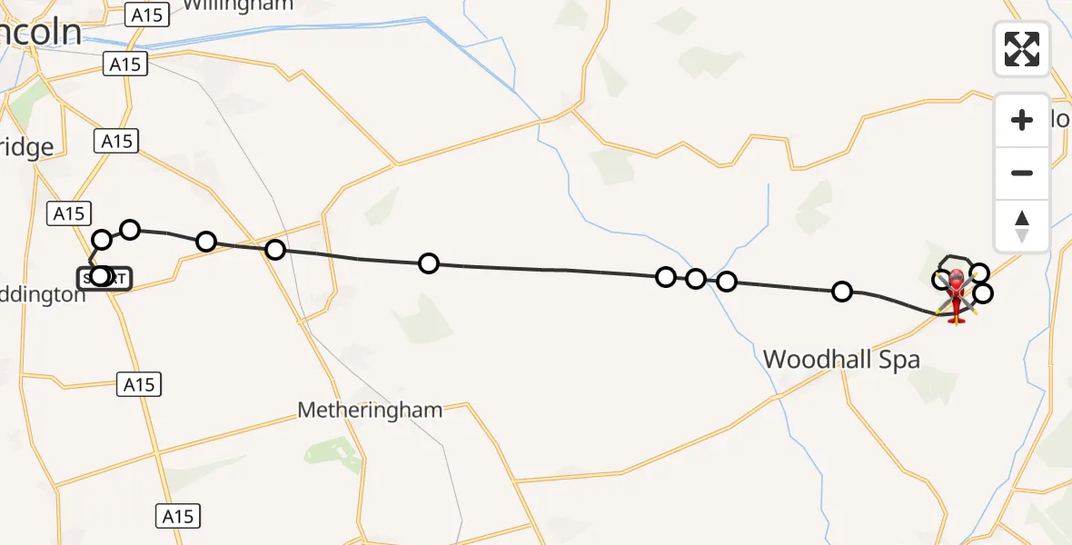 Flight route Air Ambulance Helicopter RAF Waddington - Woodhall Spa, 03 October 2026, 18:51