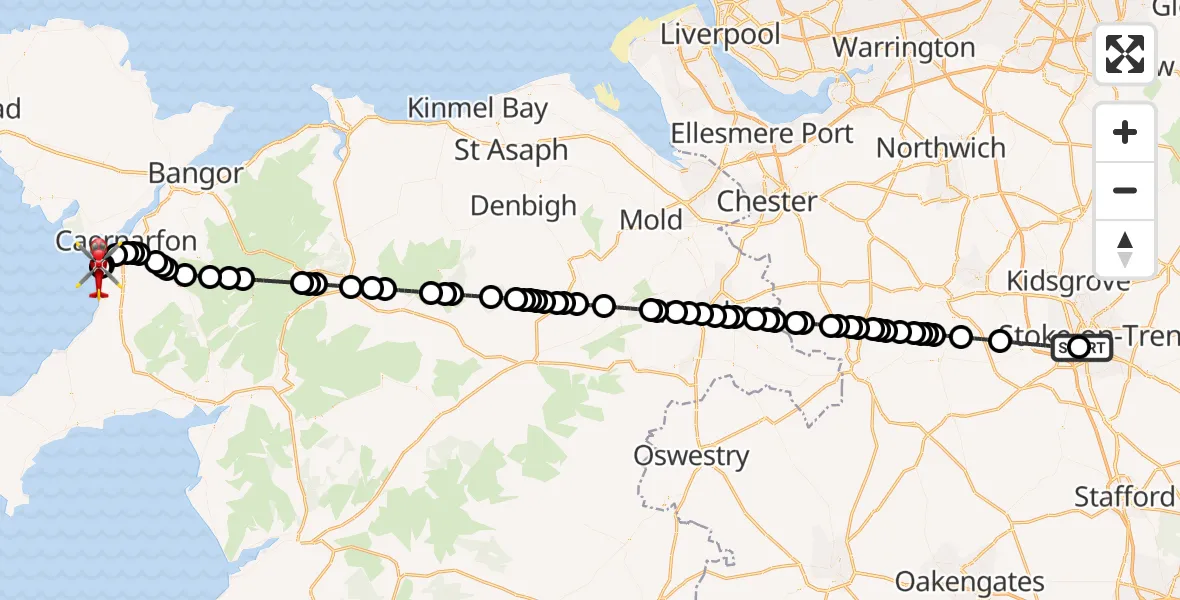 Flight route Air Ambulance Helicopter University Hospital North Staffs - Caernarfon Airport, 03 October 2026, 19:00