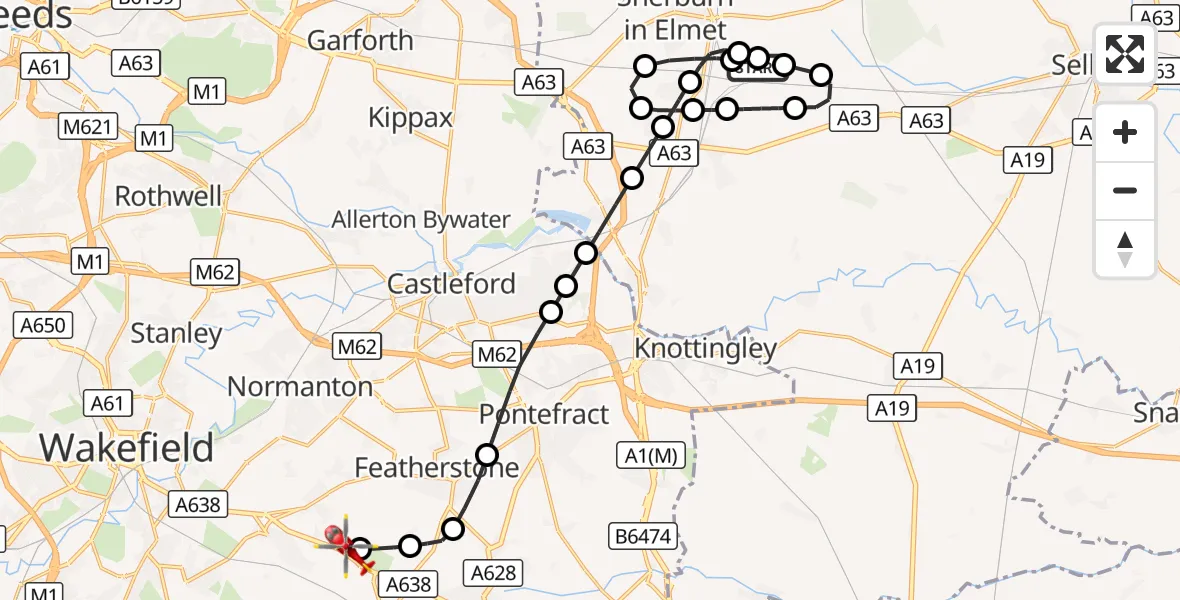 Flight route Air Ambulance Helicopter Sherburn-in-Elmet Airfield - YAA Nostell Helicopter Port, 03 October 2026, 19:07