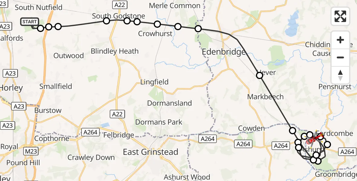 Flight route Air Ambulance Helicopter Redhill Aerodrome - Speldhurst, 03 October 2026, 19:09