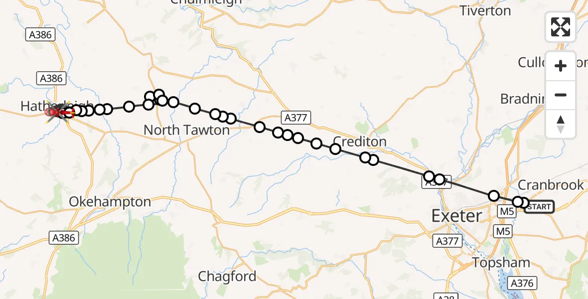 Flight route Air Ambulance Helicopter Exeter International Airport - Hatherleigh, 03 October 2026, 19:10