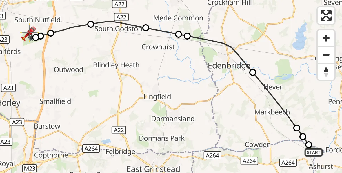 Flight route Air Ambulance Helicopter Wealden - Redhill Aerodrome, 03 October 2026, 19:38