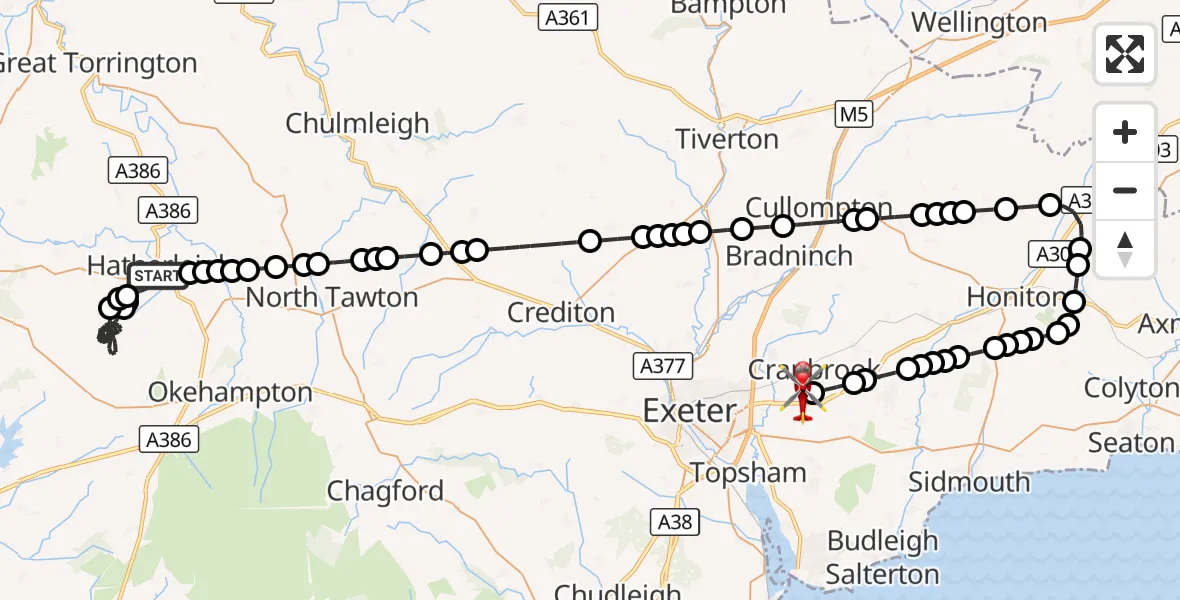 Flight route Air Ambulance Helicopter Hatherleigh - Exeter International Airport, 03 October 2026, 19:39