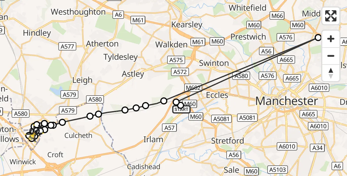 Flight route Police Helicopter Manchester Barton Aerodrome - Kenyon Hall Farm Airstrip, 03 October 2026, 20:42