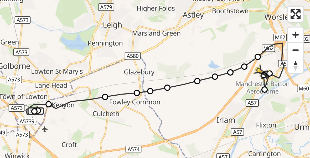 Flight route Police Helicopter Kenyon Hall Farm Airstrip - Manchester Barton Aerodrome, 03 October 2026, 21:08
