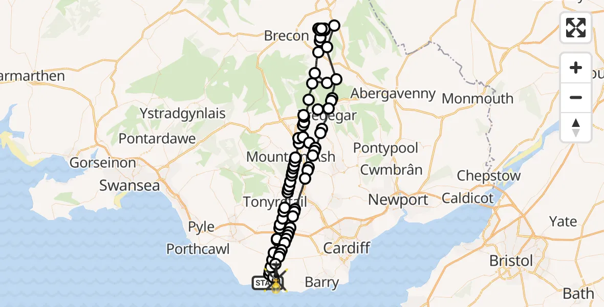Flight route Police Helicopter Boverton - MOD St Athan, 03 October 2026, 21:11