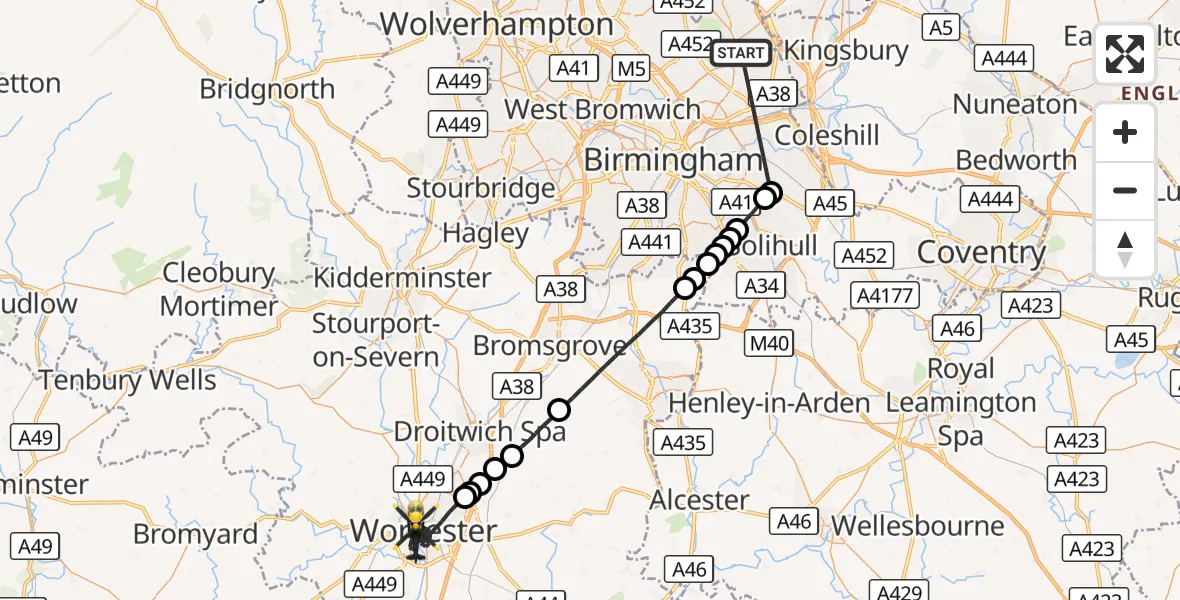 Flight route Police Helicopter Sutton Coldfield - Worcester, 03 October 2026, 21:21