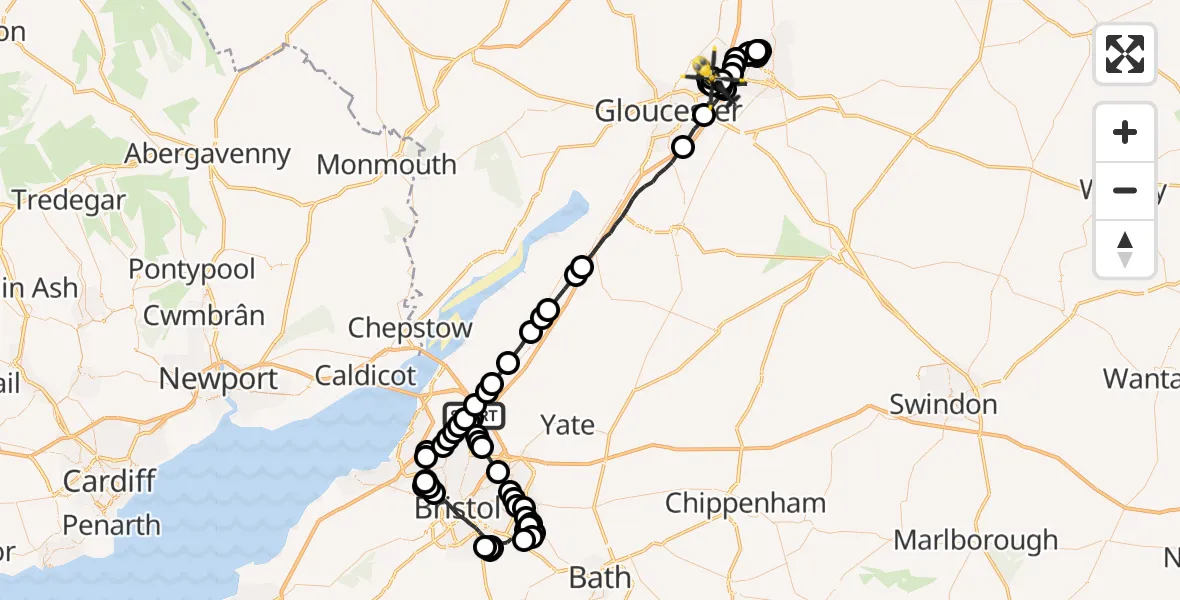 Flight route Police Helicopter Bristol - Gloucestershire Airport, 03 October 2026, 21:44