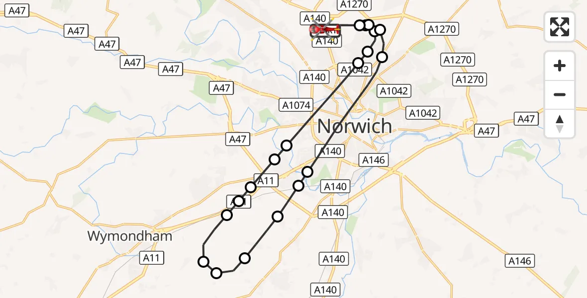 Flight route Air Ambulance Helicopter Norwich Airport - Norwich Airport, 03 October 2026, 22:17