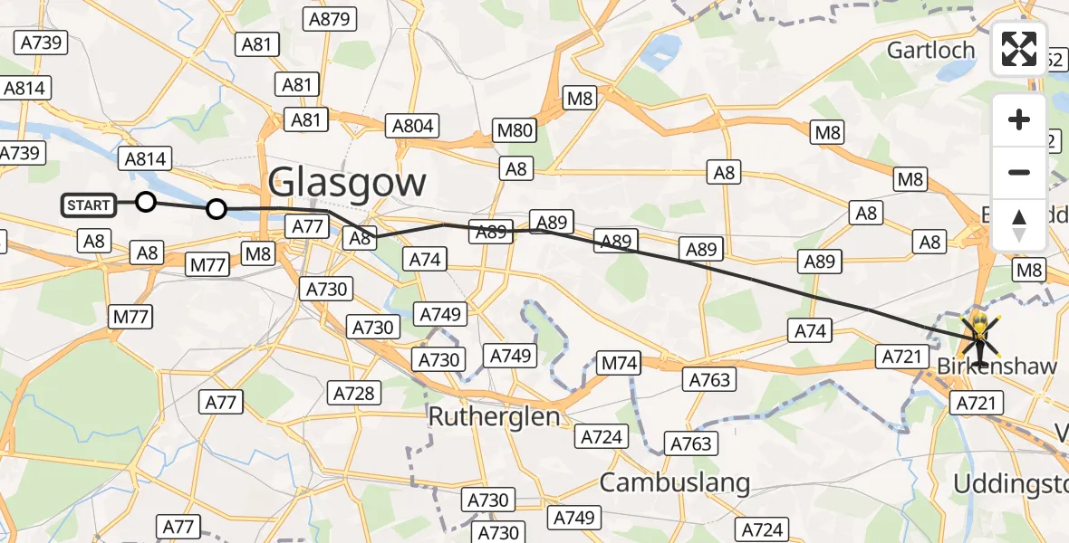 Flight route Police Helicopter Glasgow - Birkenshaw, 03 October 2026, 22:46