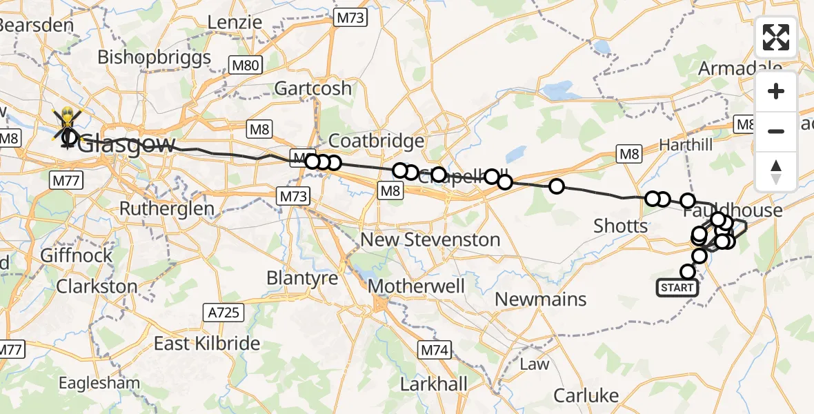 Flight route Police Helicopter Auchterhead Muir - Glasgow, 03 October 2026, 23:04