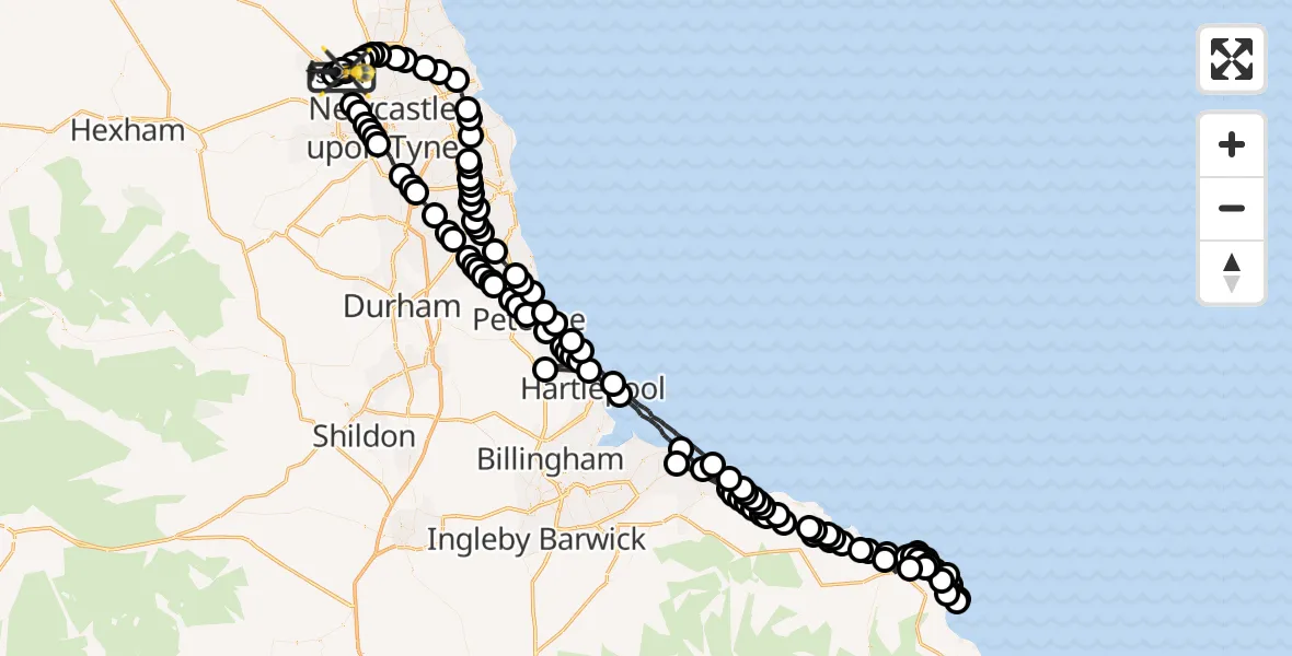 Flight route Police Helicopter Newcastle International Airport - Newcastle International Airport, 03 October 2026, 23:36