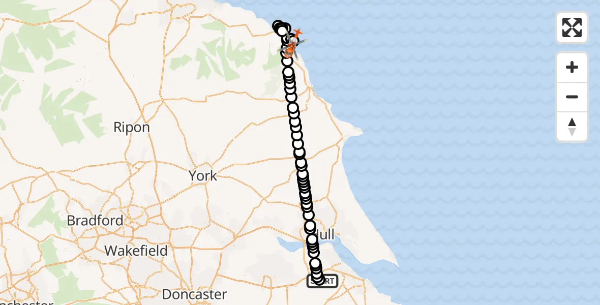 Flight route Coastguard Helicopter Humberside Airport - Robin Hood's Bay, 04 October 2026, 00:00