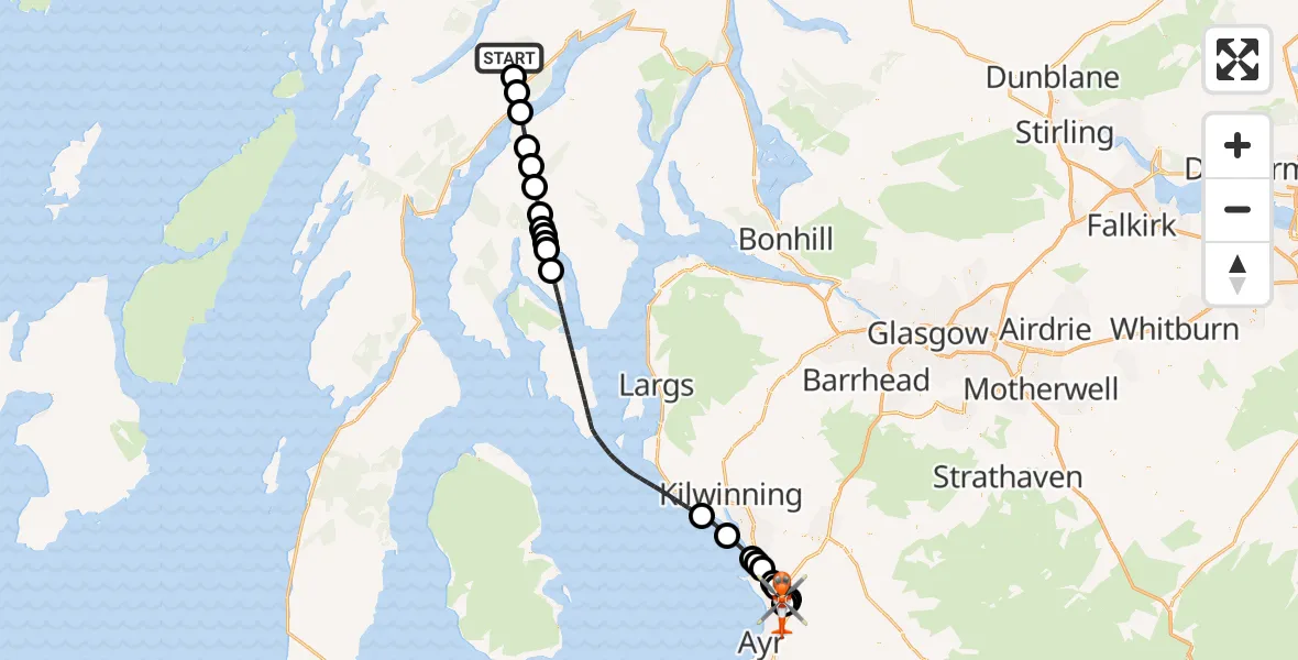 Flight route Coastguard Helicopter Argyll and Bute - Glasgow Prestwick Airport, 04 October 2026, 00:10