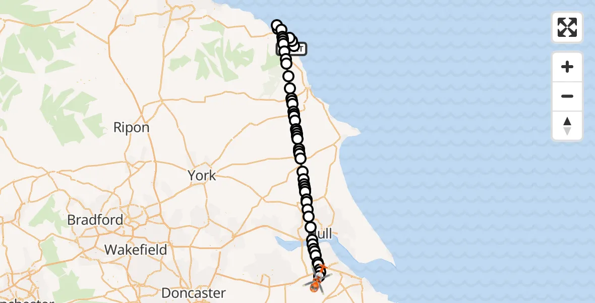 Flight route Coastguard Helicopter Fylingdales - Humberside Airport, 04 October 2026, 01:59