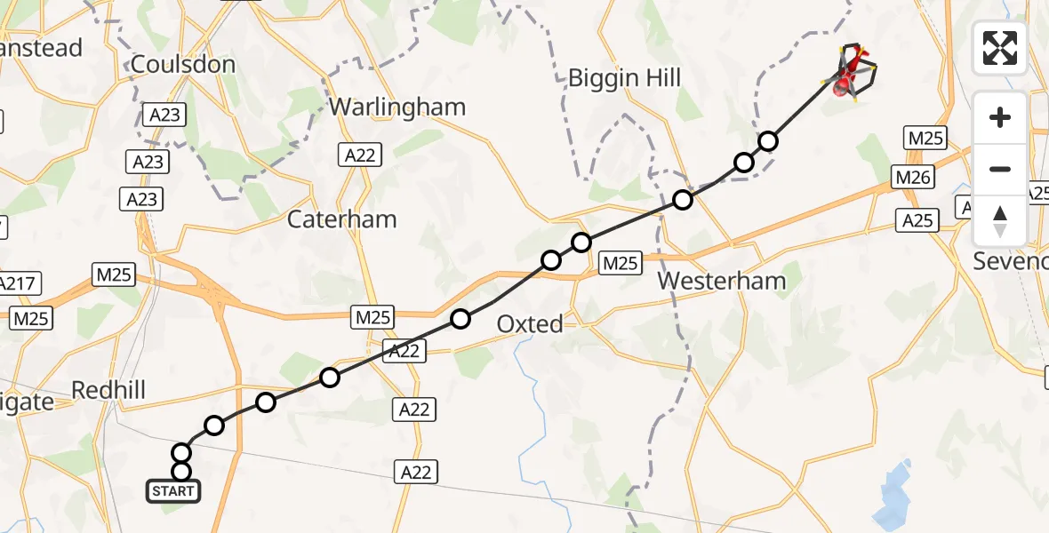 Flight route Air Ambulance Helicopter Redhill Aerodrome - Sevenoaks, 04 October 2026, 07:47