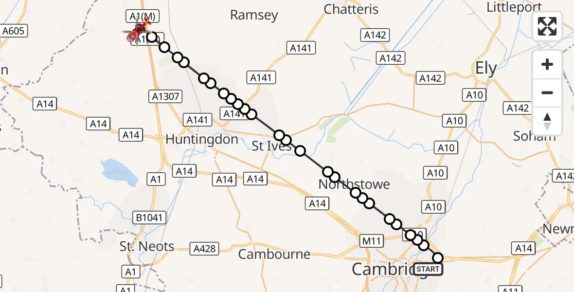 Flight route Air Ambulance Helicopter Cambridge City Airport - Sawtry, 04 October 2026, 07:55