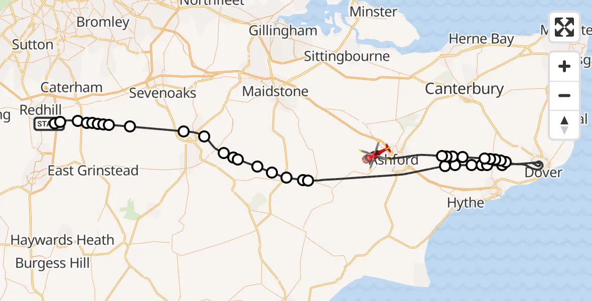 Flight route Air Ambulance Helicopter Redhill Aerodrome - Ashford, 04 October 2026, 08:44