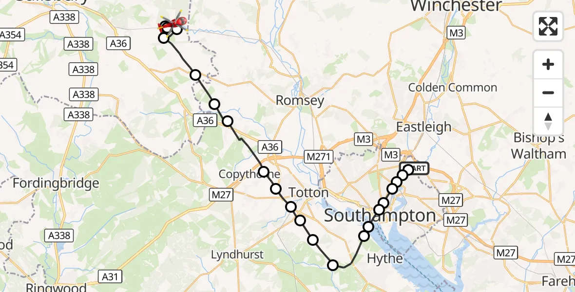 Flight route Air Ambulance Helicopter Southampton Airport - West Dean, 04 October 2026, 09:02