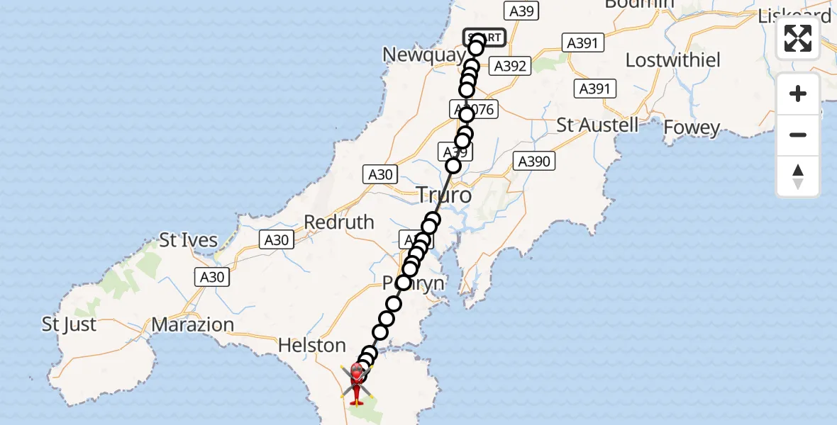 Flight route Air Ambulance Helicopter Cornwall Airport Newquay - Garras, 04 October 2026, 09:05