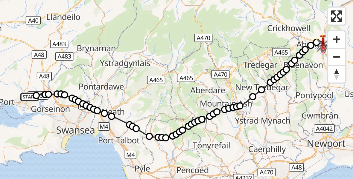 Flight route Air Ambulance Helicopter Dafen - Abergavenny, 04 October 2026, 09:11