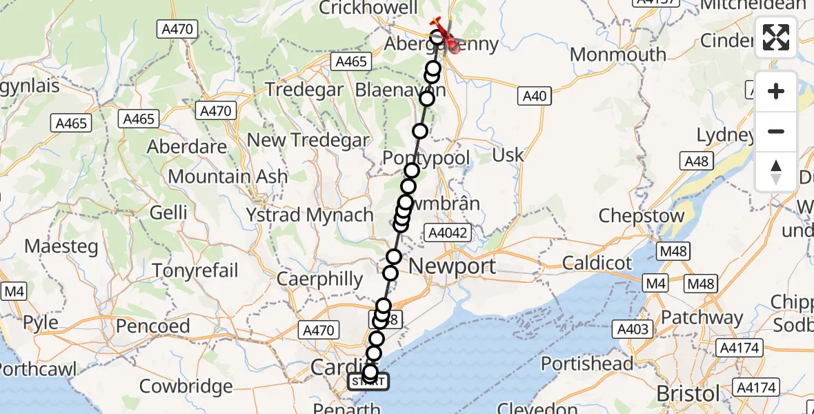 Flight route Air Ambulance Helicopter Cardiff Heliport - Abergavenny, 04 October 2026, 09:11