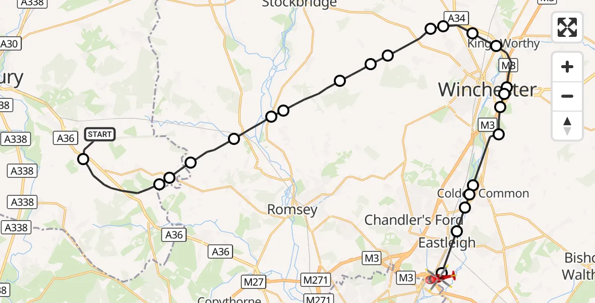 Flight route Air Ambulance Helicopter West Grimstead - Southampton Airport, 04 October 2026, 09:20