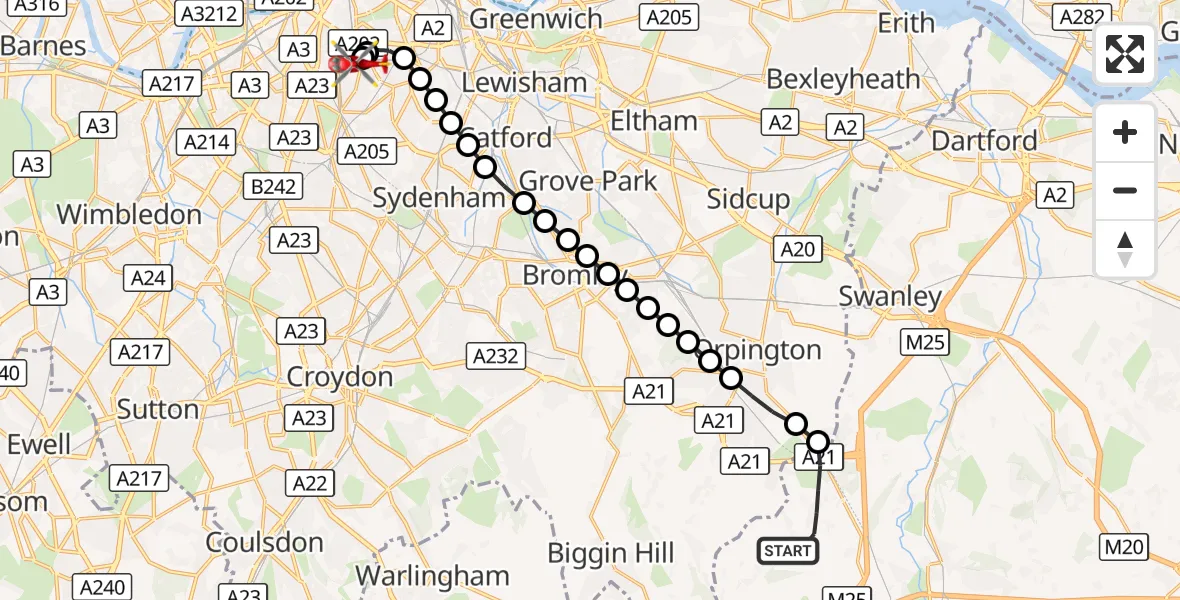 Flight route Air Ambulance Helicopter Sevenoaks - Kings College London Hospital, 04 October 2026, 09:21
